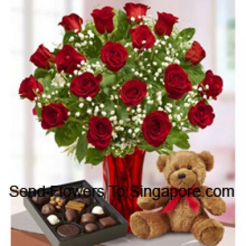 24 Rosas com Chocolates Importados e Urso de Pelúcia