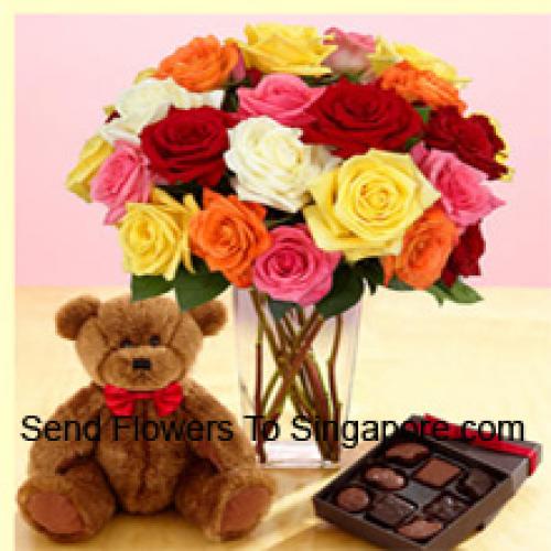 24 Mixed Roses with Cute Teddy and Chocolates