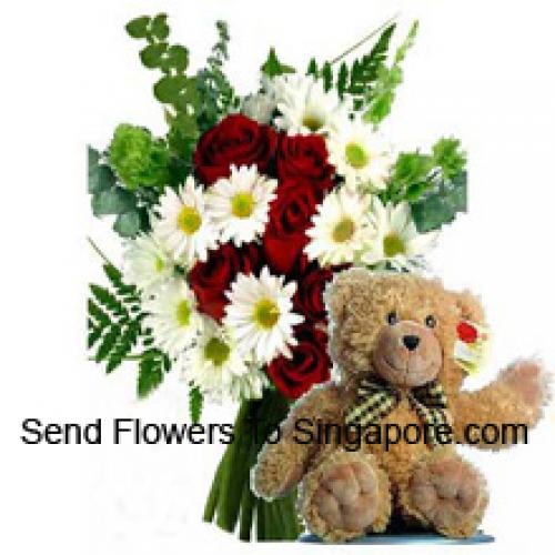 Rozen en Gerbera's met 12 Inch Teddy