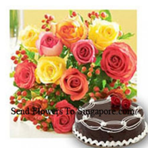 12 Mixed Roses with Yummy Chocolate Cake