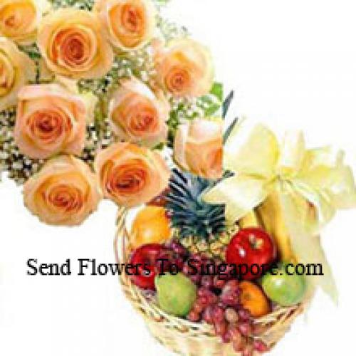 12 Orange Roses with 3 Kg Fruits