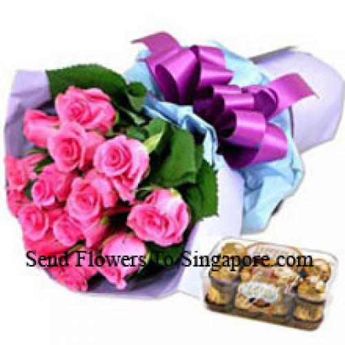 12 Pink Roses with Yummy 16 Pcs Ferrero Rochers