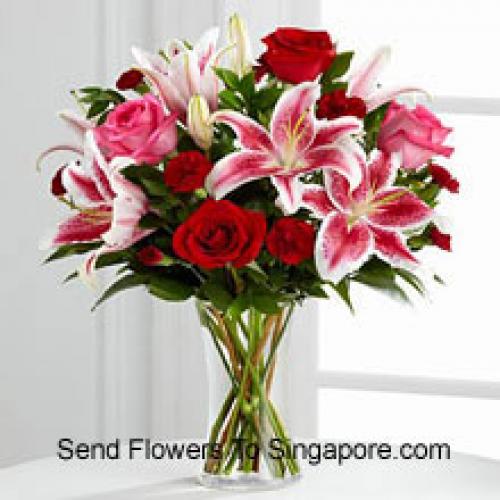 Roses with Pink Lilies in Vase