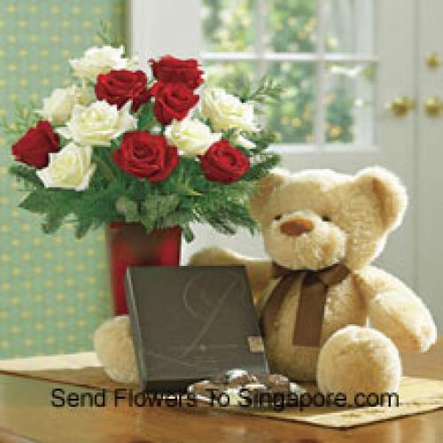 Red and White Roses with Teddy and Chocolates