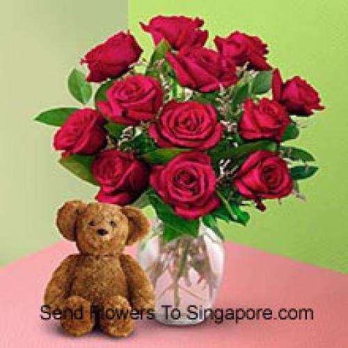 12 Roses in Vase with Teddy